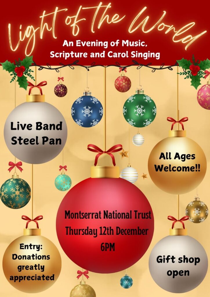 Christmas bauble covered flyer advertising an evening of carol singing and scripture reading