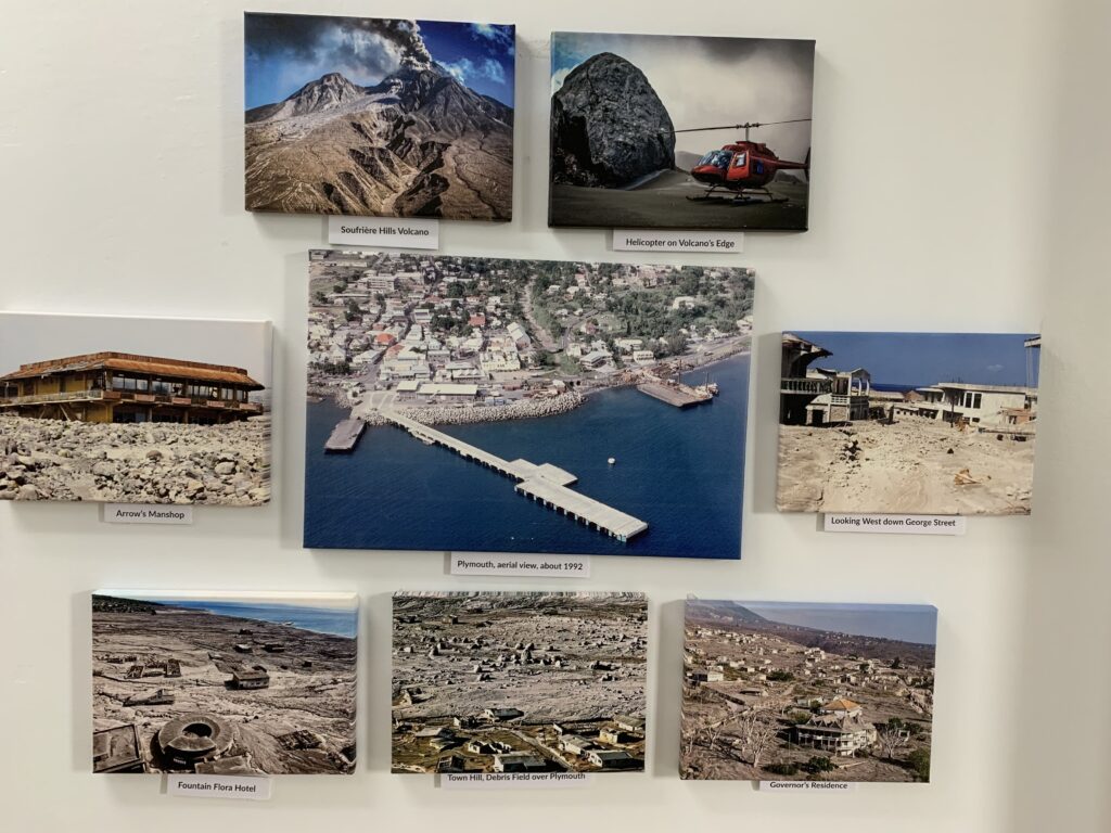 Photos of Plymouth before and after volcanic eruptions.